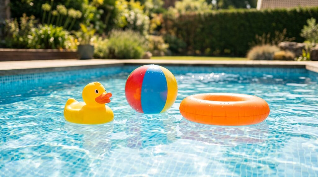 Brinquedos de piscina flutuando em água limpa e transparente