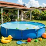 Piscina infantil de armação limpa em quintal gramado