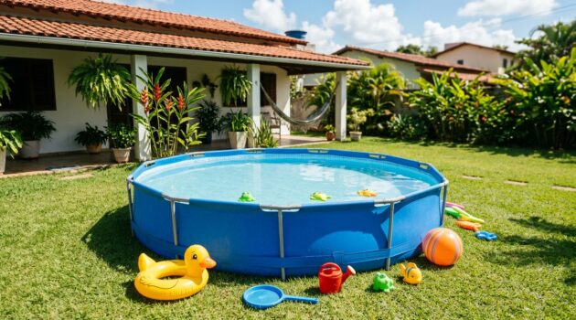 Piscina infantil de armação limpa em quintal gramado