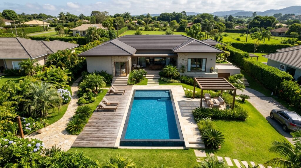 Vista aérea de casa com piscina retangular de alvenaria e deck