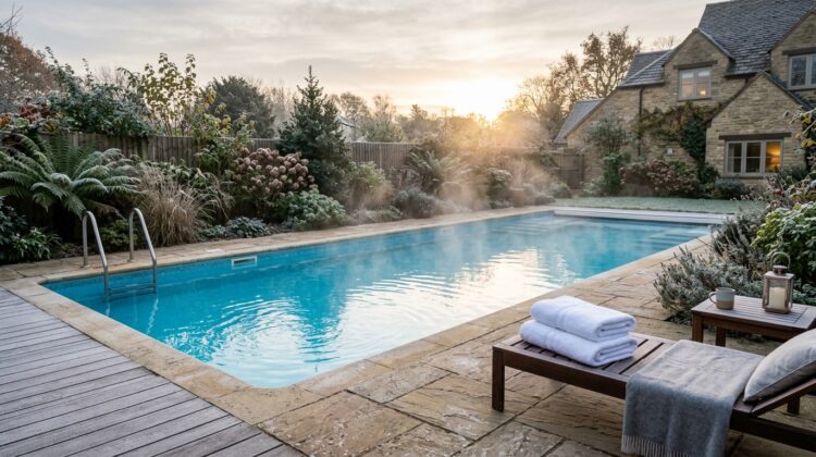 Piscina aquecida com vapor em manhã fria de inverno