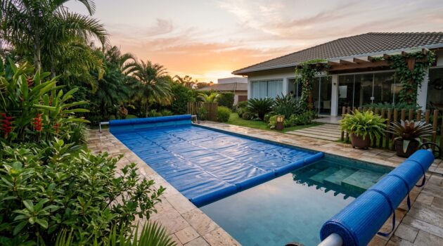 Piscina residencial com capa térmica azul ao amanhecer