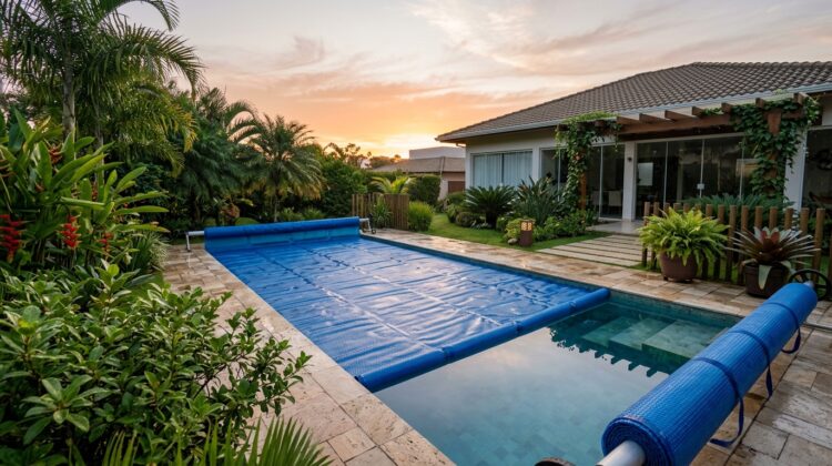 Piscina residencial com capa térmica azul ao amanhecer
