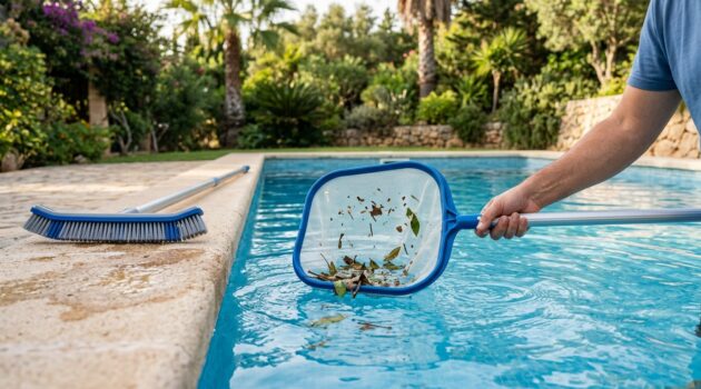 Peneira retirando folhas da superfície de uma piscina limpa