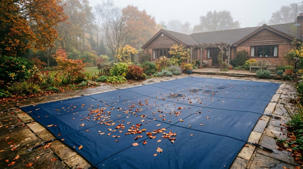 Piscina coberta por lona de proteção com folhas de outono