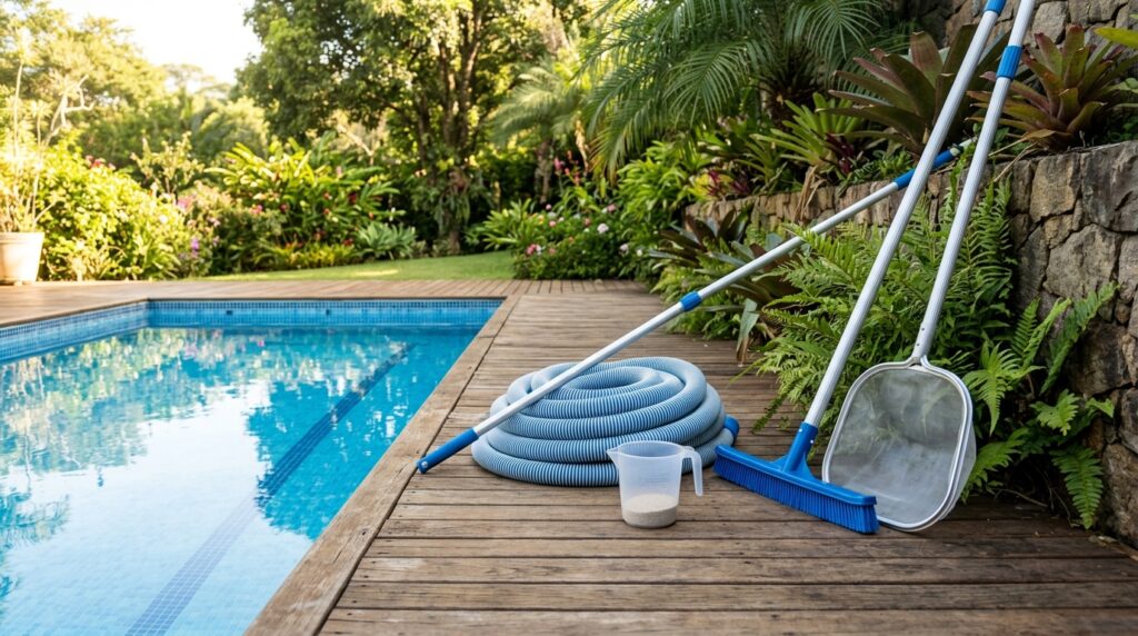 Equipamentos de limpeza de piscina organizados no deck ao lado da piscina