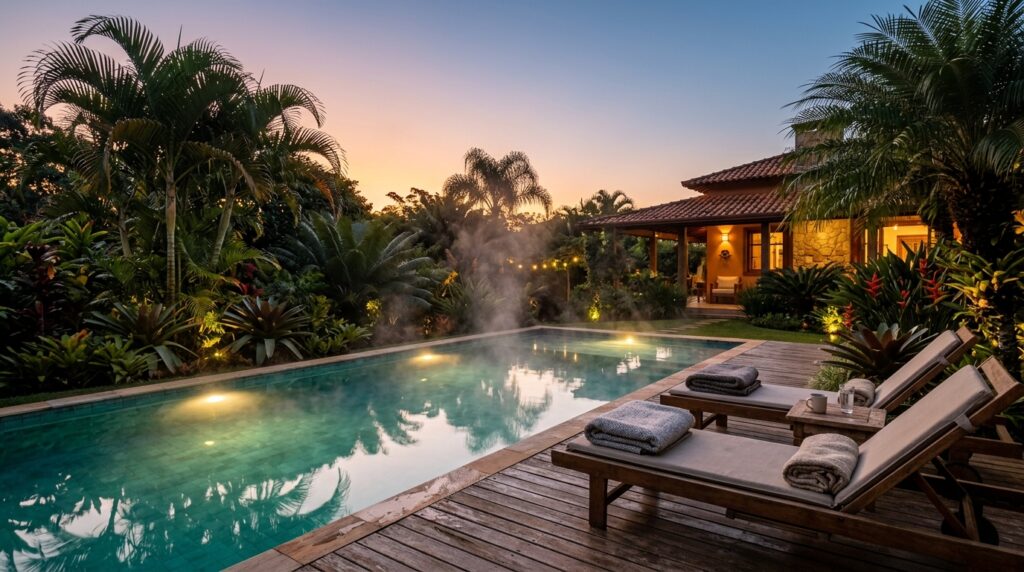Piscina aquecida com vapor ao fim de tarde de inverno e espreguiçadeiras com mantas