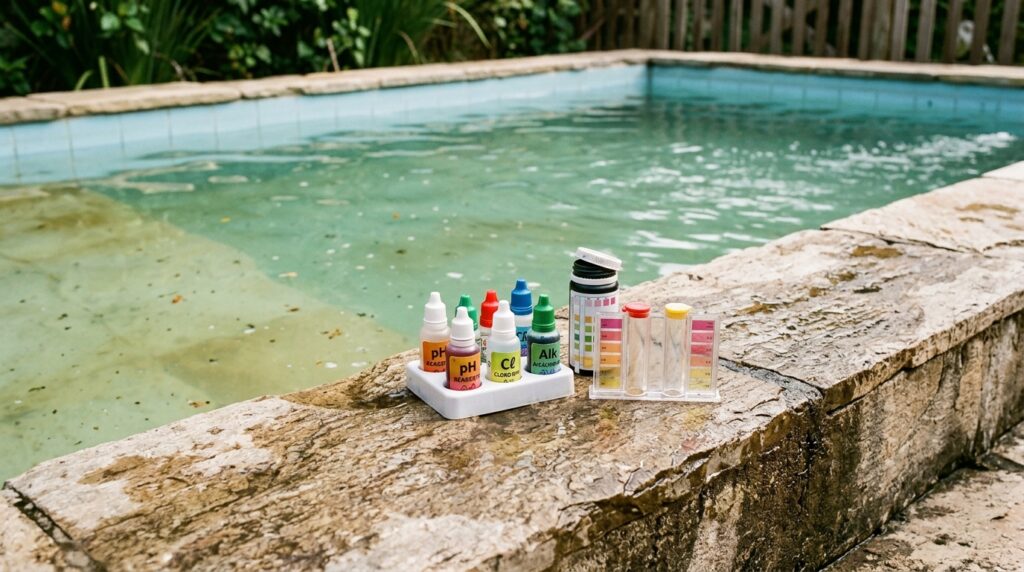 Kit de teste de água ao lado de uma piscina com água esverdeada