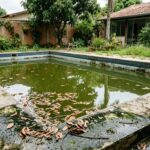 Piscina com água esverdeada e folhas na superfície