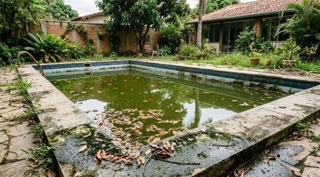 Piscina com água esverdeada e folhas na superfície